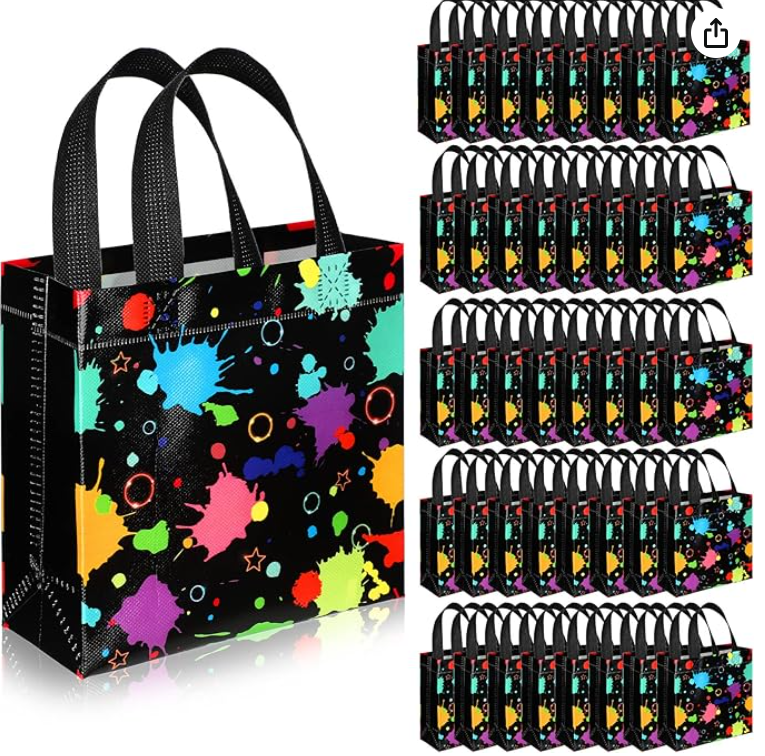 Awesome Black Gift Bags with Colorful Paint Spatter Designs – Bold & Creative Party Favors!